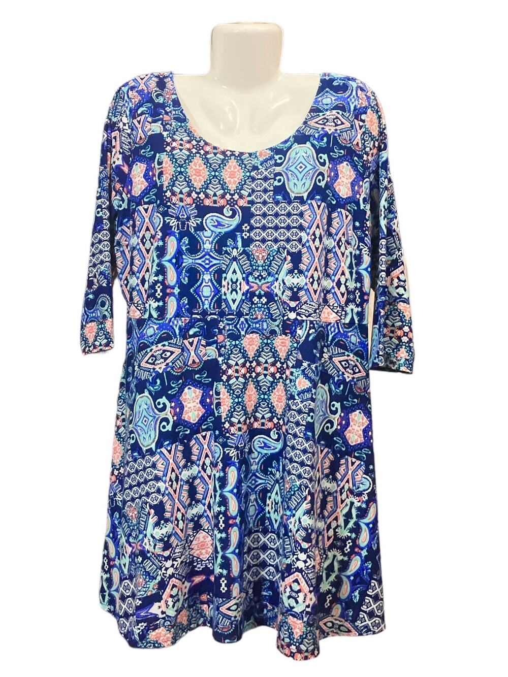 Derek Heart Womens Blue Paisley 3/4 Sleeve Crochet Back Shift Dress Casual SZ 2X